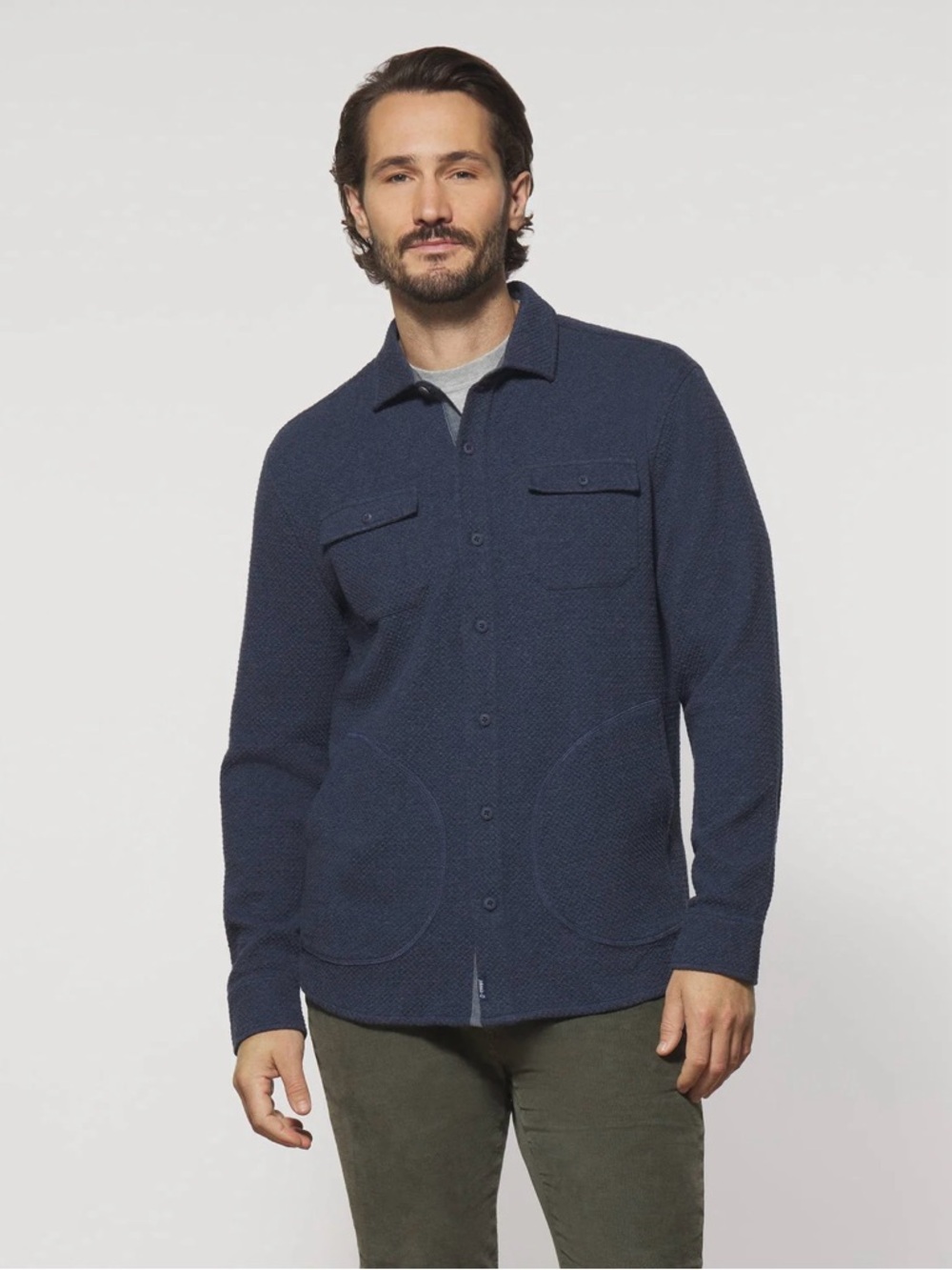 Johnnie-O Andre Knit Shacket Indigo‎ Blue Button Front Mens Shirt Jacket